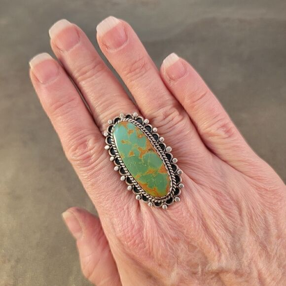Vintage Navajo Beaded Large Oval Royston Turquoise Statement Ring - Picture 7 of 13